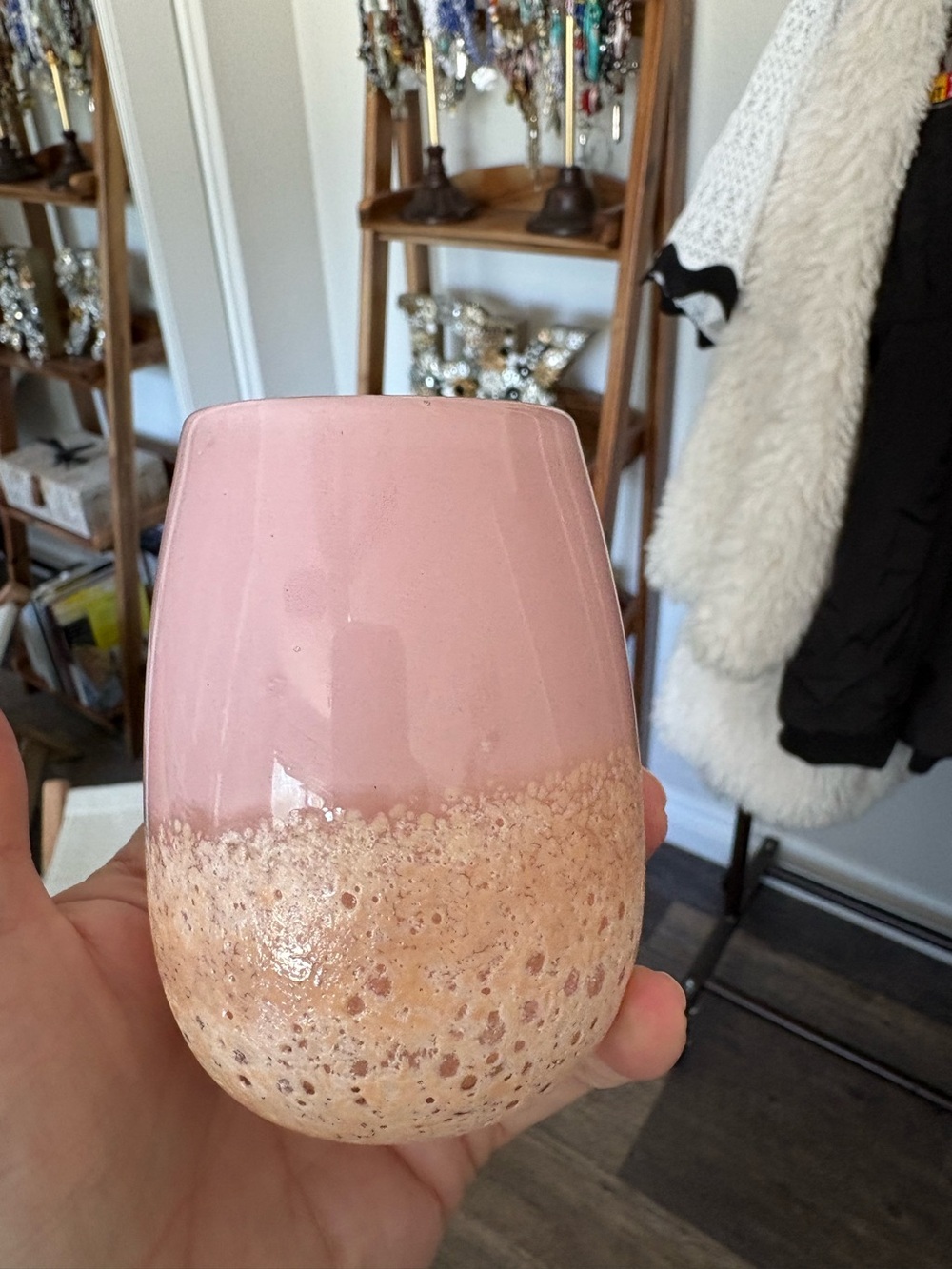 pink glass and ceramic bud vase
